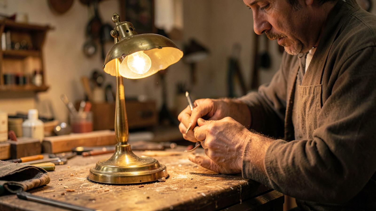 Artisan rewiring a vintage brass table lamp at a workbench in Highlands Ranch, Colorado