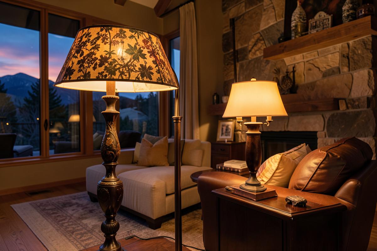 Restored antique floor lamp and table lamp glowing in a Colorado living room