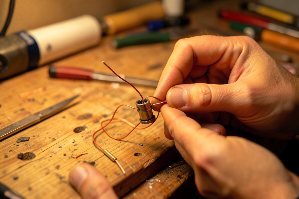 Close-up of hands rewiring a lamp socket with copper wire